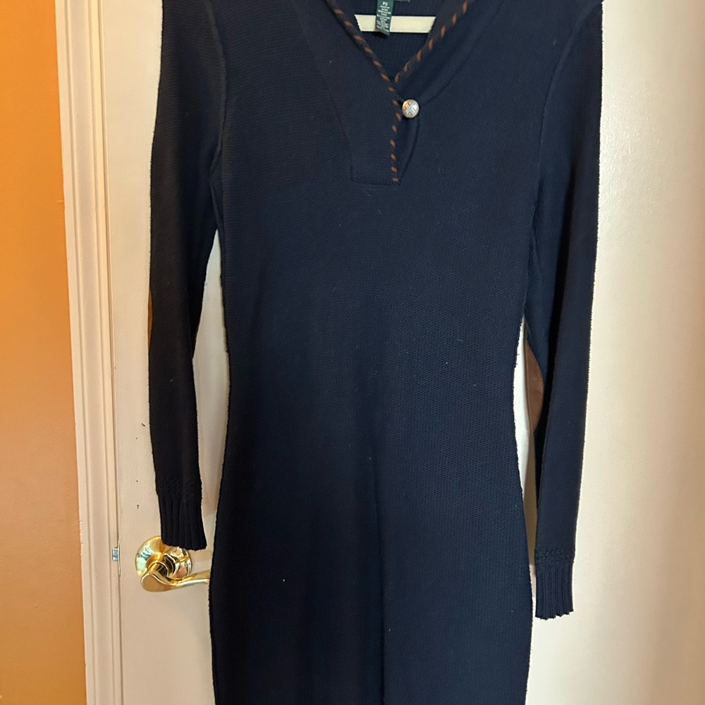 Ralph Lauren Navy Long-Sleeve Knit V-Neck Dress with suede patch and brown trim